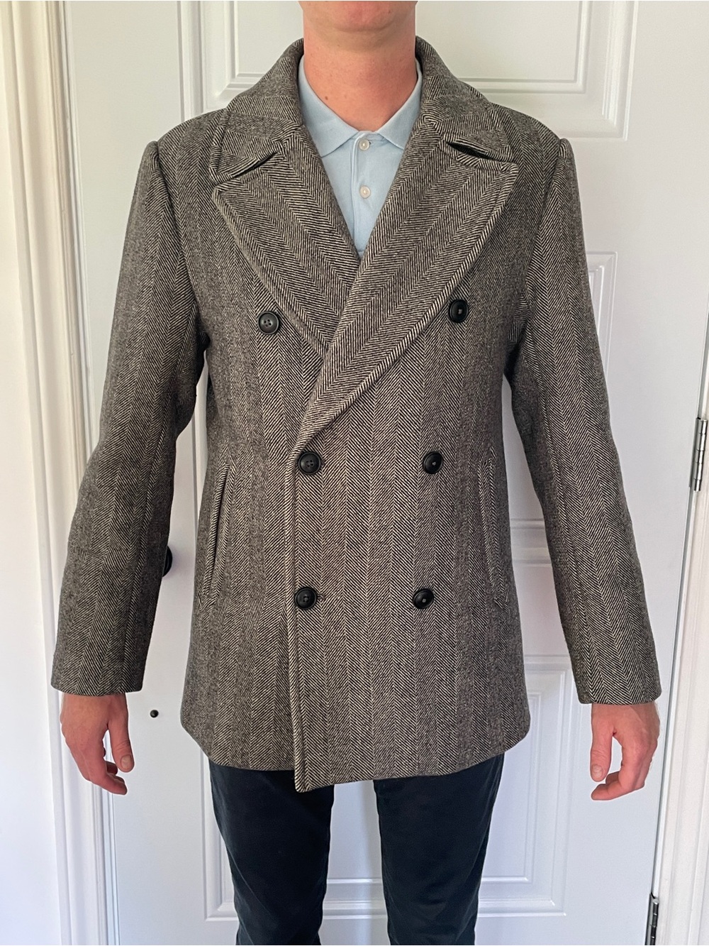Simons Le 31 Men's Herringbone Double-Breasted Peacoat - Gray